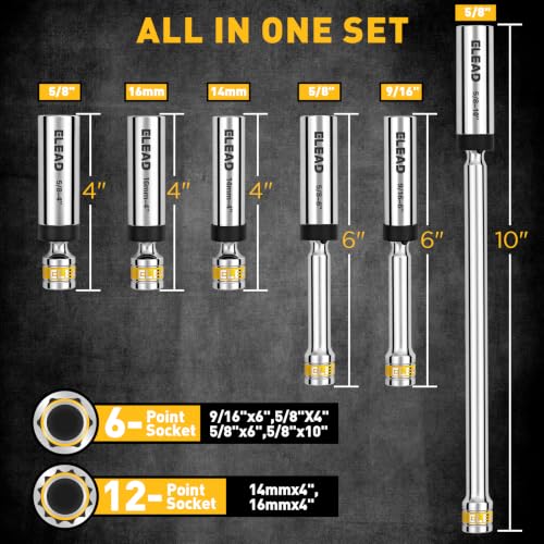 ELEAD 8-Piece 3/8" Drive Magnetic Swivel Spark Plug Socket Set, 5/8", 9/16", 14mm, 16mm, Include Ratchet Handle & Spark Plug Gapper, 6 & 12 Point CR-V Spark Plug Removal Tool - size: 8-Piece Magnetic Swivel Spark Plug Socket Set