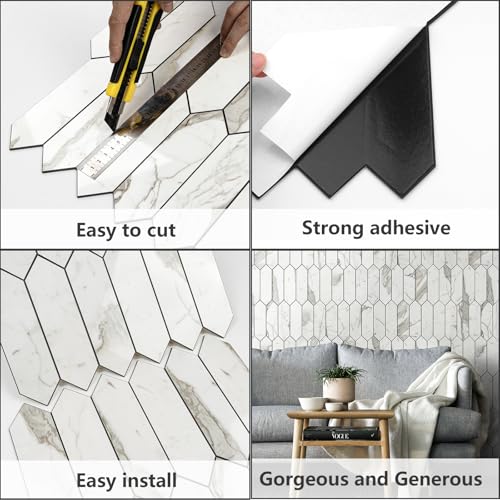 Vamos Tile Glossy Carrara White Backsplash Tile Peel and Stick, 12.8 x 12.8 Inch 10 Sheets Long Hexagon PVC Self Adhesive Mosaic Wall Tiles Stick on Backsplash for Kitchen and Bathroom - color: Glossy Carrara White with Dark Gray Grout