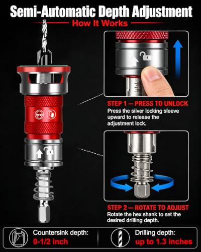 Upgrade 10PCS Countersink Drill Bit Set with Adjustable Depth Stopper - color: Red, size: Extended - Quick Adjustment