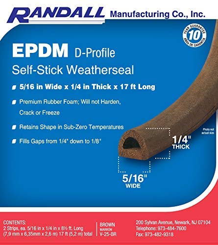 Brown EPDM D Profile Weather Stripping Door Seal, Self-Adhesive Door Weather Stripping & Window Seal Strip, 5/16" Wide x 1/4" Thick x 17' Long - color: Brown