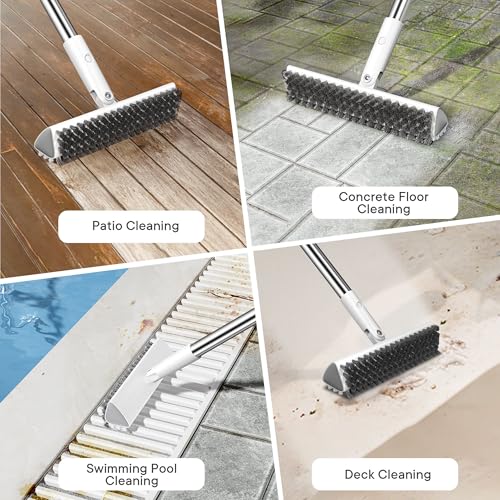 Grout Brush with Long Heavy Duty Handle, 180° Swivel Floor Scrub Brush, V-Shaped Grout Line Scrubber with Stiff Bristles, Cleaning Brush for Deep Cleaning Tile Grout, Shower, Kitchen, and Concrete