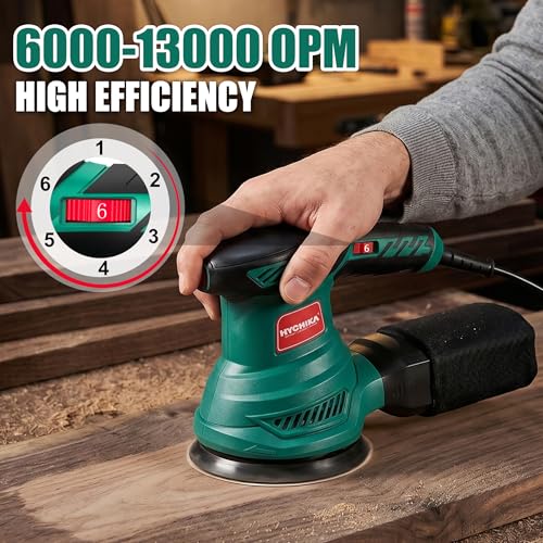 HYCHIKA 5-Inch Random Orbital Sander, 13000RPM Electric Palm Sander with 6 Variable Speeds, Powerful Motor, 12PCS Sandpapers and Efficient Dust Collection Bag, for Woodworking, Finishing and Polishing