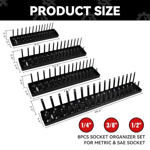 AIUITIO Socket Organizer Tray Set,8-Piece Socket Holder Set Includes 2PCS 1/4", 4PCS 3/8", 2PCS 1/2" Drive Metric SAE Socket Trays, Store 226 Pieces Standard and Deep Sockets - size: 226 Socket Capacity