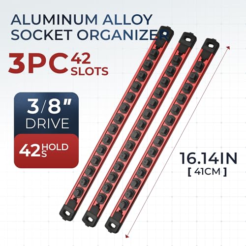 Reniteco Magnetic Socket Organizer Set, 3-Pack 3/8” Socket Rails - color: Red, size: 3/8-Inch Drive,3pc
