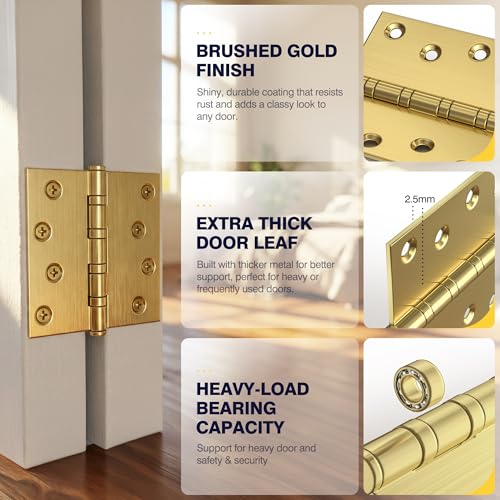 KOLET Ball Bearing Door Hinges, 4 x 4 Inches, Brushed Gold, 3 Pack - color: Gold, size: 3 Pack