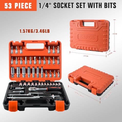53PCS 1/4" Ratchet Socket Wrench Set Plastic Storage Tool Box - color: Gjx53s