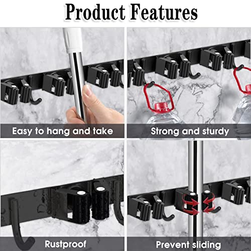 2 Pack Black Broom Holder Wall Mount, 5 Racks 4 Hooks Mop and Broom Holder - color: 5 Racks & 4 Hooks (Black) - 2 Pack
