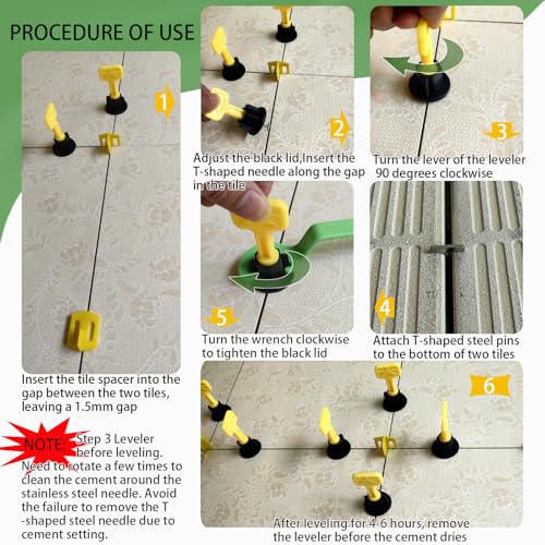 1/16" Tile Leveling System kit, 100pcs Reusable Pro Grade Tile Levelers, 2pcs Wrenches, 100pcs 1.5mm Tile Spacers, 50pcs Replaceable Stainless Steel T-Pin, Wall/Floor Tile Sewing Leveling Tools Set