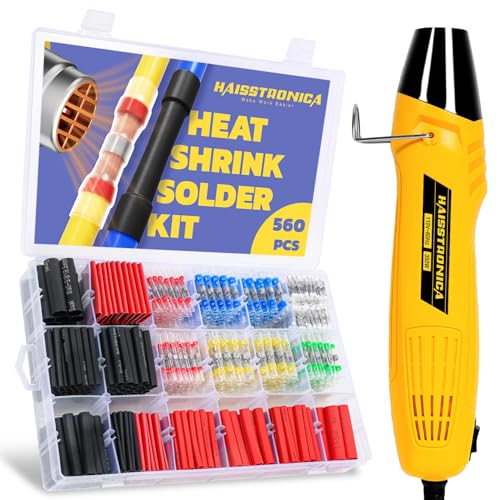 haisstronica 560PCS Wire Repair Kit, Solder Seals, 3:1 Tubing, Heat Gun | Low-Melt Solder Rings, 2 Heat Settings, Adhesive Lining, 6 Tubing Sizes, 2 Heat Settings, Trailer Wiring - size: 560 PCS
