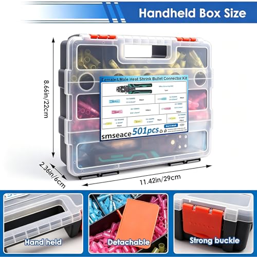 smseace 501PCS Heat Shrink Bullet Connectors with Crimping Tool 22-10AWG Waterproof Bullet connectors Heat Shrink Female&Male Connector for Automotive Boat Stereo Industrial Equipment - size: 501Pcs