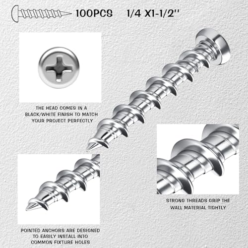 Blulu 100 Pcs Drywall Anchors 1/4 X 1-1/2 Inch Silver Self Drilling Screws - color: Silver, size: 1/4 x 1-1/2 Inch