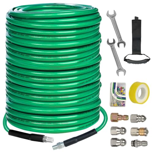 Hourleey Sewer Jetter Kit for Pressure Washer 200FT, 4000 PSI Drain Cleaner Hose 1/4 Inch NPT, Corner Rotating and Button Hose Sewer Jetting Nozzle Pearl Corsage Pin Tape Handle Strap Spanner, Green - size: Green-200 FT