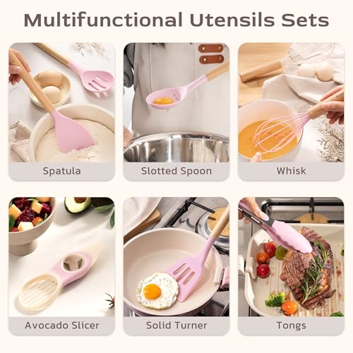 Astercook Kitchen Utensils set, 39 PCS Silicone Cooking Utensils Set with Wooden Handle, 446°F Heat Resistant Food Grade Utensil Sets, BPA Free Kitchen Gadgets Tools Set for Nonstick Cookware (Pink) - color: Pink