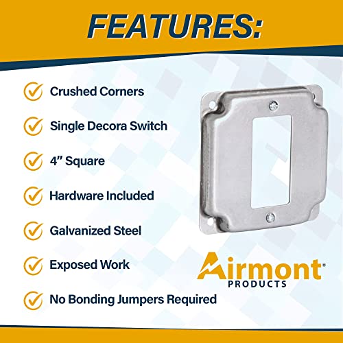 Pack of Box and Cover 4'' Square Electrical Box, 1 Rocker Switch, Exposed Work Cover, Crushed Corners, Welded Construction, Ten 1/2'' and Six TKO Knockouts, Raised Ground, 2-1/8'' - size: Rocker Switch