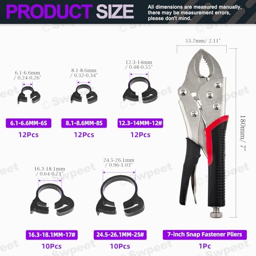 Swpeet 57Pcs 5 Size Heavy Duty Double Snap Grip Nylon Hose Clamps and 7" Curved Jaw Locking Pliers Assortment Kit, Adjustable Ratcheting Hose Clamp, Vice Grips Pliers, Snap Fastener