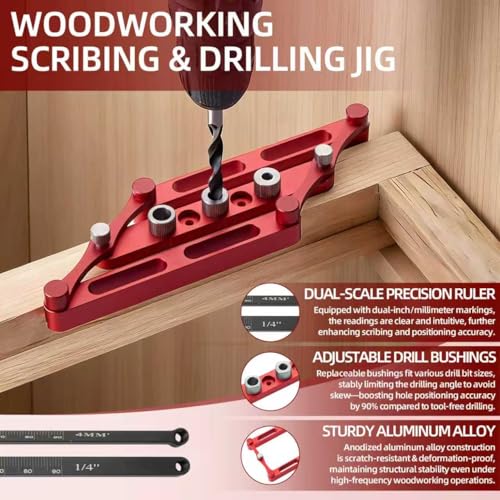 Center Finder Gauge with Interchangeable Rods，Self Centering Doweling Jig Woodworking Joinery Hole Drill Guide， Positioner Locator Tool ，Woodworking Marking