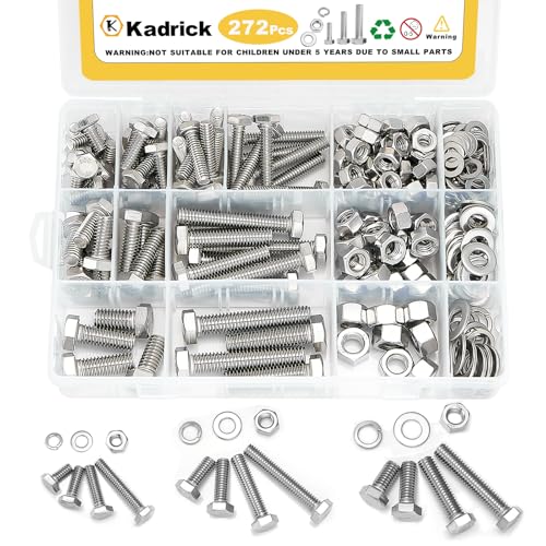 Kadrick 272Pcs 18-8(304) Stainless Steel Hex Bolts Assortment,1/4-20 5/16-18 3/8-16 Heavy Duty Bolts and Nuts Kit, Assorted SAE Bolts Nuts Flat&Lock Washers,Lenth Form 1/2''-2'' - size: 272Pcs SAE HEX Stainless