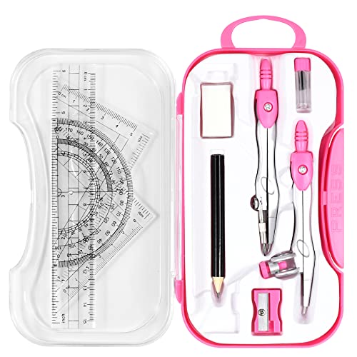 Unjoo Geometry Set 10 Pcs Student Supplies, Protractor and Compass (Pink） - color: Red