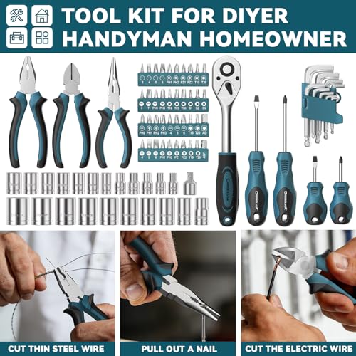Home Tool Kit 199 Piece Basic Household Auto Repair Tool Set Car Toolbox General Hand Tool Kit for Home Men Women DIY with Plastic Toolbox (Blue and black) - color: Blue and Black