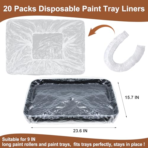 20Pcs 9 Inch Paint Roller Tray Liners Disposable Paint Tray Liners Paint Pan Liners Plastic Paint Tray Liner Bag Covers Large Paint Roller Tray Liner Set for House Walls Ceilings Painting - color: 20pcs, size: 9 Inch