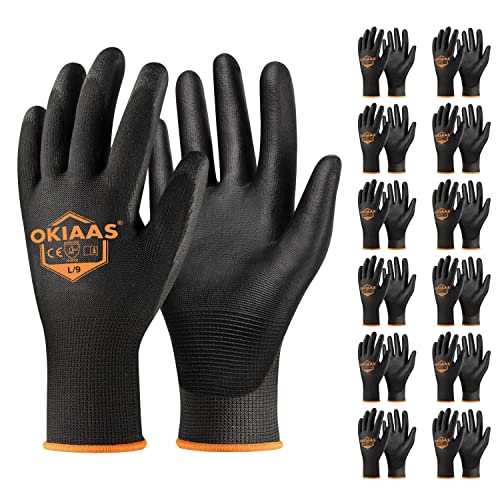 OKIAAS PU Coated Work Gloves Men, Ultra Grip & Lightweight, 12 Pairs Bulk - color: Black (12 Pairs), size: Large