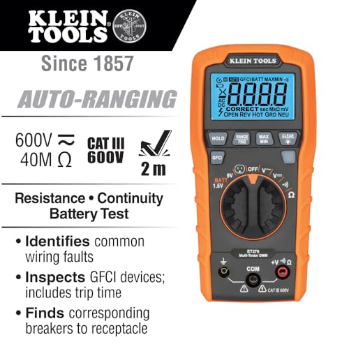 Klein Tools ET270 Auto-Ranging Digital Multi-Tester, AC/DC, Resistance, Continuity, GFCI Receptacle Tester with Test Leads and Receptacle Cord - size: GFCI Receptacle Tester
