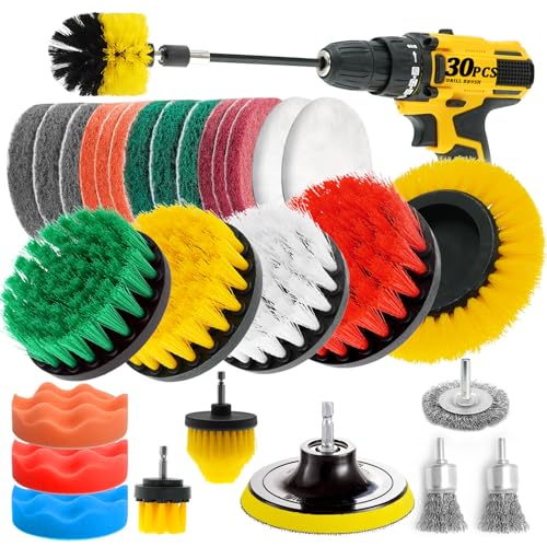30 Piece Drill Brush Attachments Set, Scrub Pads & Sponge & Wire Brush for Drill, Power Scrubber Brush with Extend Long Attachment, Drill Scrubber Brush Kit for Bathroom, Floor, Car, Grout
