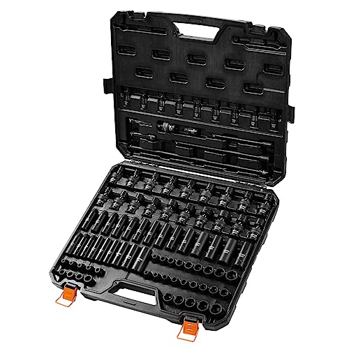 VEVOR Impact Socket Set 3/8" Drive, 90 PCS, CR-MO, SAE 1/4"-3/4" Metric 6-19mm, with Shallow & Deep Sockets, Swivel & E-Torx & Bit socket Sockets, Extension Bars, Adapters, Universal Joint - size: 3/8" 90 PCS CR-MO