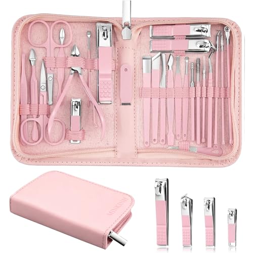 MINKINH 26-Piece Manicure Set for Women, Pink At-Home Nail Care Kit | Carbon Steel Nail Clippers, 410 Stainless Steel Tools, PU Organizer Case for Pedicure, Cuticle, Facial and Daily Self-Care - color: Pink