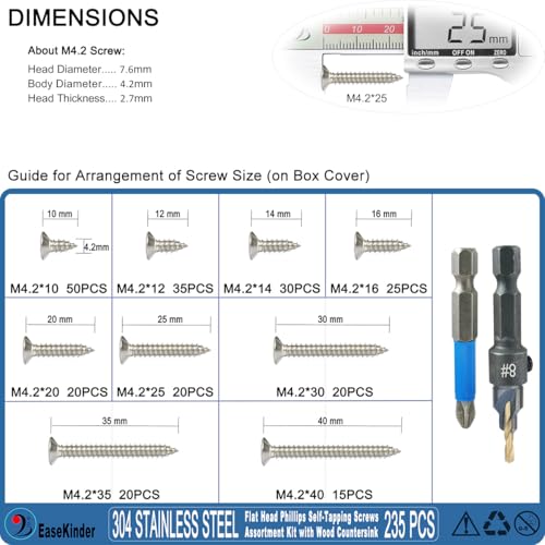 235PCS Flat Head Phillips Wood Screws Assortment Kit, 304 Stainless Steel Self-Tapping Screw with Adjustable Wood Countersink (SS304 M4.2) - size: SS304 M4.2