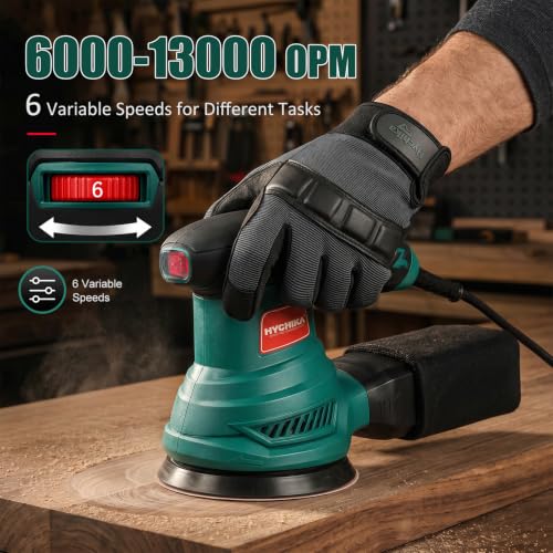HYCHIKA 5-Inch Orbital Sander with Upgraded Vacuum Dust Collector, 300W Motor 6000-13000 OPM 6 Variable Speeds with10 Pcs Sandpapers for Furnitur, Refinishing & DIY