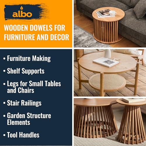 ALBO 1/2" x 6" Wooden Dowel Rods, 25 PCS Birch Natural Thin Hardwood Dowels - size: 1/2" x 6" 25 Pcs