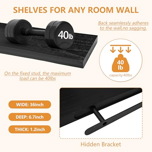 ROGMARS Black Floating Shelves for Wall 36 inch Rustic Solid Wood - color: Black, size: 36 Inch set of 4