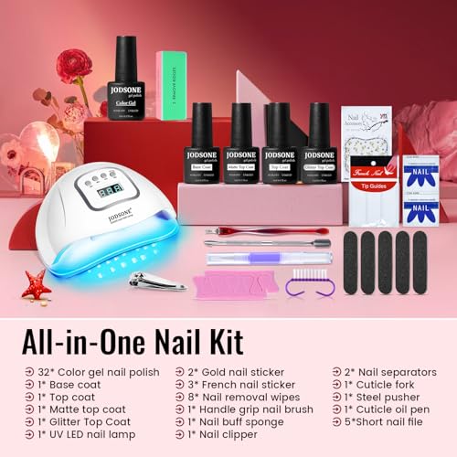 JODSONE Gel Nail Polish Kit with U V Light 32 Colors Gel Polish Nail + 4 Functional Adhesive Bottles Kit Soak Off Manicure Tools Gifts for Women - color: KIT-01