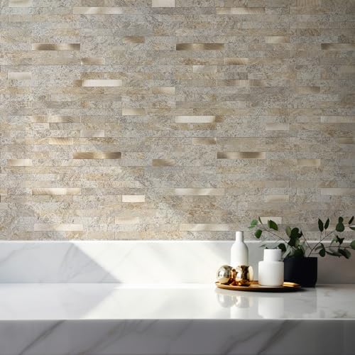 StyloVue 20 Sheets Peel and Stick Backsplash, Dark Beige with Metal Gold Look PVC Wall Tiles Upgrade Your Kitchen Backsplash, RV, Fireplace - color: Dark Beige With Metal Gold