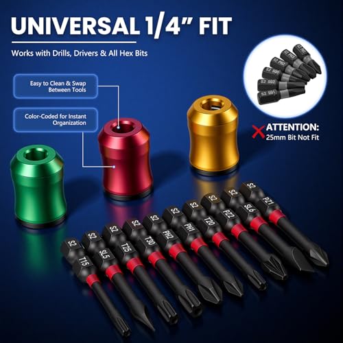 1/4 Inch Universal Screwdriver Bit Holder, 3PCS Magnetic Screw Ring for Drill & Hex Screwdriver, Color-Coded Removable Magnetic Drill Bit Holder with Anti-Slip Grip (Red/Yellow/Green)