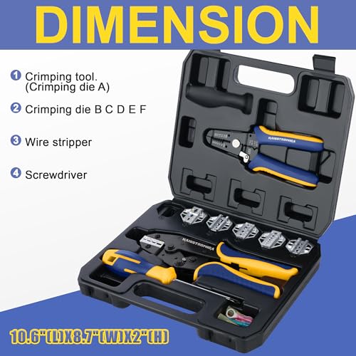 haisstronica 8PCS Crimping Tool Set, 6PCS Dies Wire Stripper and Driver | Interchangeable Dies, AWG-Marked Cavities, Blow-Molded Storage, Organized Component Layout, Electronics Repairs
