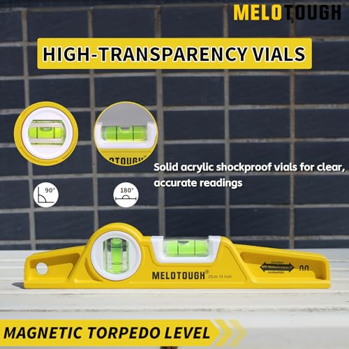 MELOTOUGH 10 Inch Die-Cast Aluminum Magnetic Torpedo Level,Small Magnetic Level for Construction,Carpentry,Scaffolding, Plumbing Torpedo Level with Rare Earth Magnet,Pencil and Holster,Yellow,2PCS - color: Yellow-2pcs