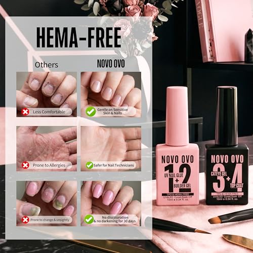 NOVO OVO UV Nail Glue (Also Work as Builder Gel) and Top Coat (with Cat Eye Effect) Kit, Hema TPO Free, Super Strong Adhesive for Press on Acrylic Nails, CatEye Gel Glitter Polish, Magnet Included
