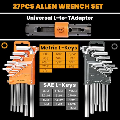 MULWARK 27-Piece Allen Wrench Set Metric and SAE Hex Key Set with L-to-T Torque Handle, CR-V Steel for Auto, Bike, Furniture and Machinery - style: 27 pcs Metric SAE