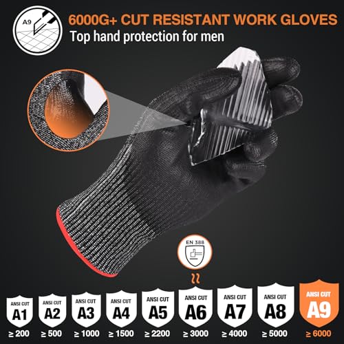 Donfri Level 9 Cut Resistant Work Gloves, Reinforced Thumb - size: Large