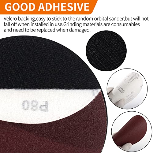 Pomsare 5 Inch Upgraded Hook and Loop Backing Pad with 80PCS Sanding Discs, Angle Grinder Attachments with 5/8-11, Drill Sanding Pad for Wood Polishing(40/60/80/120/180/240/320/600 Grit) - style: Reinforced 5 Inch 83 PCS