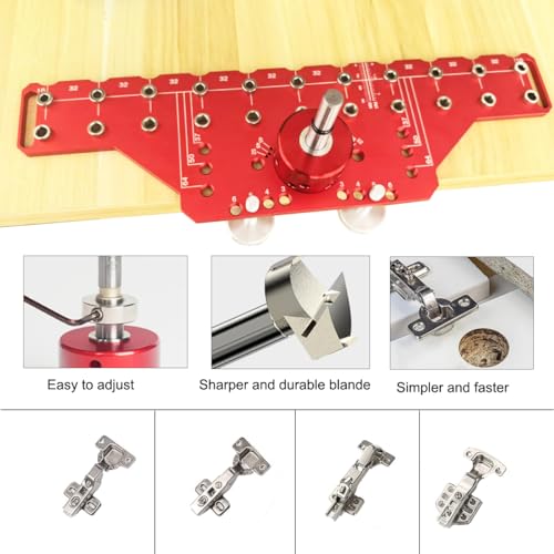 2 in 1 Shelf Pin Hinge Jig,Concealed Hinge Jig Drilling Jig with 35mm Hole Drill Bits,Self Contained Clamping All Metal Cabinet Hardware Tool Drill for Cabinet Door Hinge Hole Positioning (RED) - color: RED