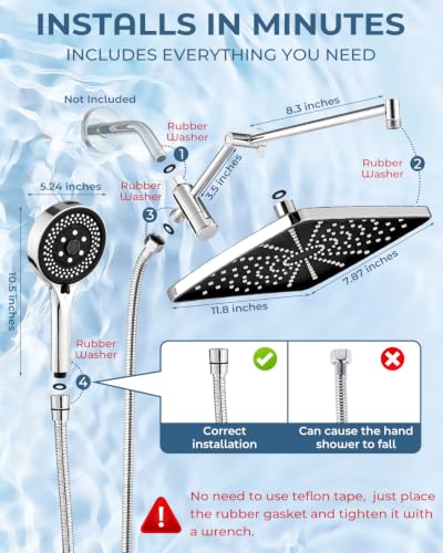 Shower Head with Handheld,High Pressure Chrome Rain Shower Head - color: B-Chrome, style: Rectangular 12"