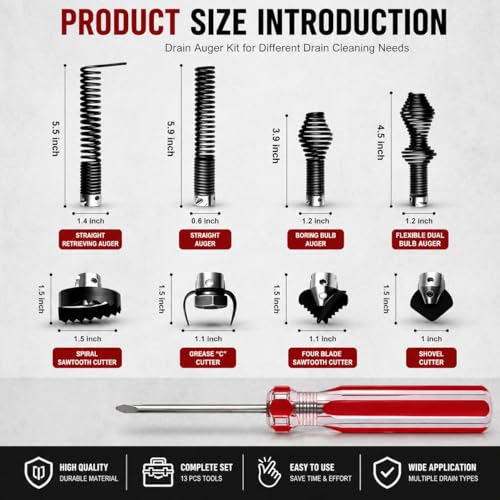 10PCS K-400 Drain Snake Drill Attachment Kit - 5/8 Inch Auger Cutter Heads & Spiral Tips Set for K-400 C-4/C-6/C-7/C-8/C-9, Drain Cleaning Cable Accessories for Plumbers & DIYers