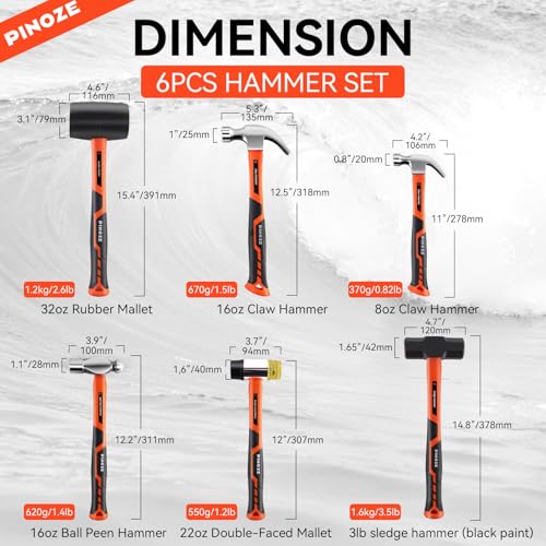 PINOZE 6-Piece Hammer Mallet Set with Fiberglass Handle Forge Steel Head, 16oz Ball Pein Hammers | 32oz Rubber Mallet | 3lb Sledge | 16oz & 8oz Claw Hammer | 22oz Double-Faced Mallet