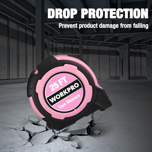 WORKPRO 25FT Pink Tape Measure, 1/8 Fractions Easy Read Measuring Tape - color: Pink, size: 25FT
