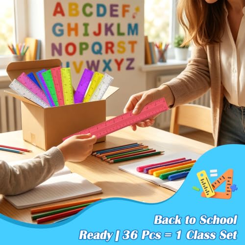 36 Pack 12" Multicolor Plastic Rulers, Back to School Measuring Supplies - color: Multicolor