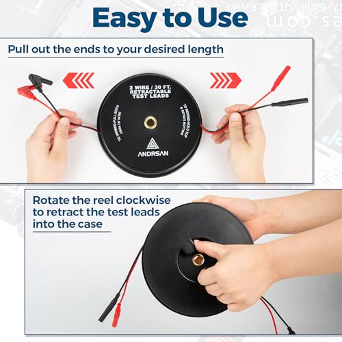2 Wire 30 ft Retractable Test Leads with 4 mm Banana Plugs, 18 AWG Multimeter Test Leads with 4 Alligator Clips, 2 Test Probes and 2 Wire Piercing Probes, Test Lead Kit for Testing Electrical Circuits