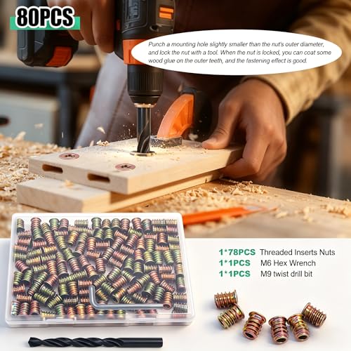 Twidec/80PCS 1/4"-20 Threaded Inserts for Wood Furniture Screw-in Nut Wood Inserts Bolt Assortment Kit with M6 Hex Wrench (1/4"-20 x15mm) N-059 - size: 1/4"-20 x 15mm (80 PCS)
